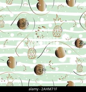 Seamless Pattern with golden dots, paint splashes, curves, circles, ink brush, etc. Hand Drawn Design. Great for wall art design, gift paper, wrapping Stock Vector