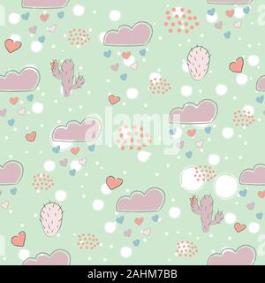 Seamless pattern with cute hand drawn cacti, hearts, dots and clouds raining with hearts on white background. great for swatches, fabric, wall art, wr Stock Vector