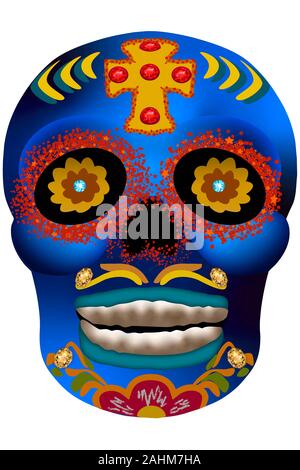 Day of the Dead skull. Colorful blue skull with clipping path. Stock Photo