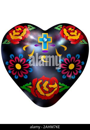 Day of the Dead colorful black heart decorated with flowers and crucifix, clipping path.. Stock Photo