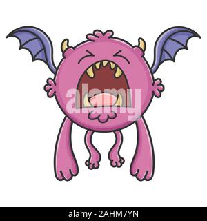 Yelling purple flying cartoon bat monster isolated on white Stock Vector
