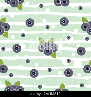 Seamless pattern with blueberries and leaves on white background. Flat vector Illustration Stock Vector