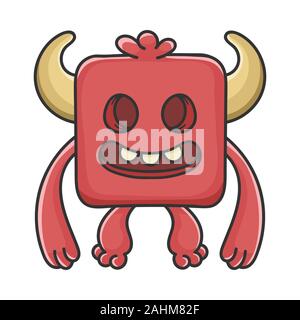 Creepy red square Devil cartoon monster isolated on white Stock Vector