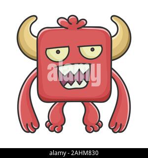 Mad red square Devil cartoon monster isolated on white Stock Vector
