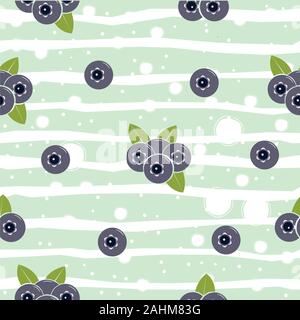 Seamless pattern with blueberries and leaves on white background. Flat vector Illustration Stock Vector