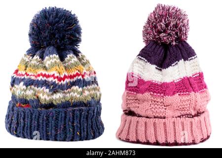 Blue pink winter bobble ski hat Stock Photo