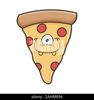 Smiling monster slice of pizza cartoon isolated on white Stock Vector