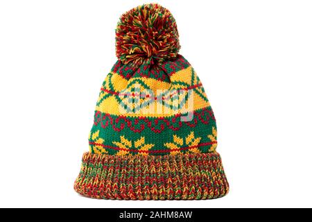 Yellow green pattern winter bobble ski hat Stock Photo