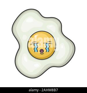 Sad crying fried egg cartoon illustration isolated on white Stock Vector