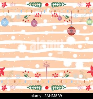 Seamless pattern with ornaments, garland, snowflakes, spruce branches and berries on a dark background. Vector illustration. Stock Vector