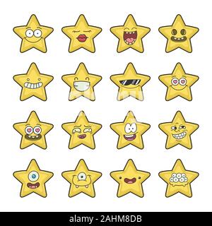 Collection of yellow stars emoticons cartoons isolated on white Stock Vector