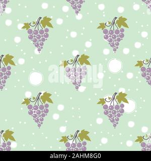 Seamless pattern with bunches of ripe grapes on dark background. Flat Vector Illustration Stock Vector