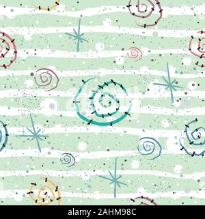 Cute Pattern with Golden spirals with pastel blue stripes on beige background with tiny dots. Hand Drawn Design. Great for wall art design, gift paper Stock Vector