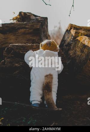 Little boy dressed as Max from Where The Wild Things Are in the woods