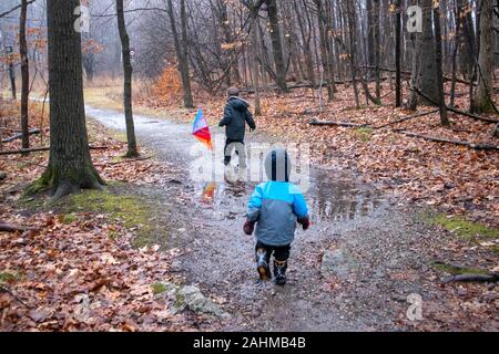 Two warmly-dressed brothers, young boys aged 2 and 5, are running down a nature trail through the forest. Late in the fall, autumn leaves are on the g Stock Photo