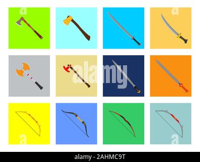 Axes , bow , sword bundle set in flat vector style. Cartoon, cute, flat, color full, editable. For game, poster, children book. Stock Photo