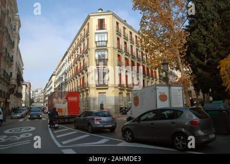 Facades of houses and trees in the winter sun, Madrid, Spain. Stock Photo