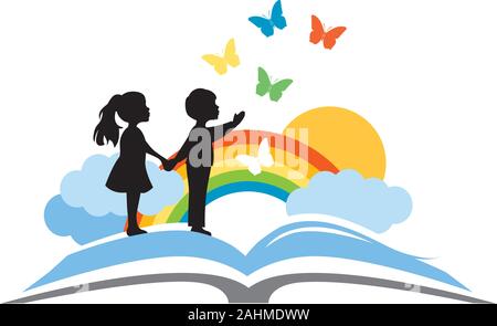 open book, kids and beautiful rainbow sky with butterflies Stock Vector