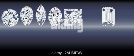 Set of sparkling water clear diamonds of various cut shape. Top view vector illustration Stock Vector