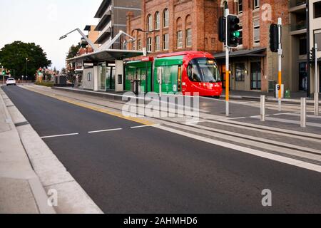 Light Rail Tram on Hunter Street, Newcastle, Australia Stock Photo