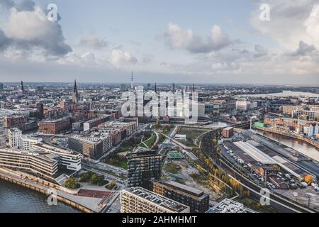 Aerial drone view of lohsepark near Port of Hamburg with clouds