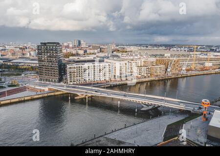 Aerial drone view of Hafencity University near Port of Hamburg before sunset
