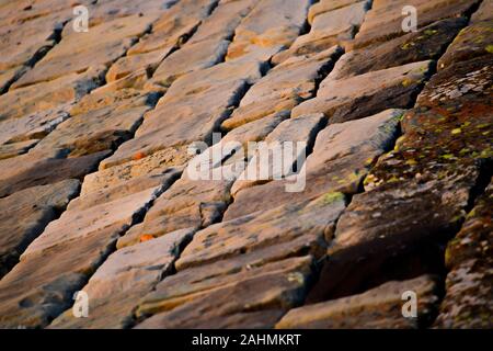 Old Sandstone Brick Retaining Wall with yellow, green, black, orange moss in Sunset Stock Photo