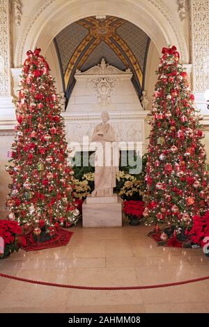 Two of over a dozen Christmas trees decorating the Breakers, a Vanderbilt mansion and landmark in Newport, Rhode Island. Stock Photo
