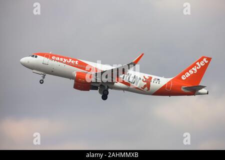 Barcelona, Spain - December 29, 2019: EasyJet Airbus A320-200 with Berlin special livery taking off from El Prat Airport in Barcelona, Spain. Stock Photo