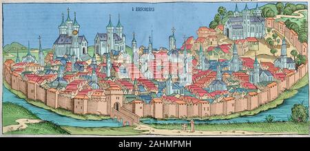 Medieval walled city of Nuremberg Germany 1400s. Hand-colored woodcut ...