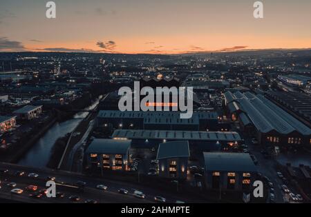 Industrial Sheffield City aerial view at sunset showing warehouses and factories