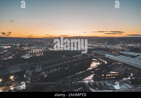 Industrial Sheffield City aerial view at sunset showing warehouses and factories