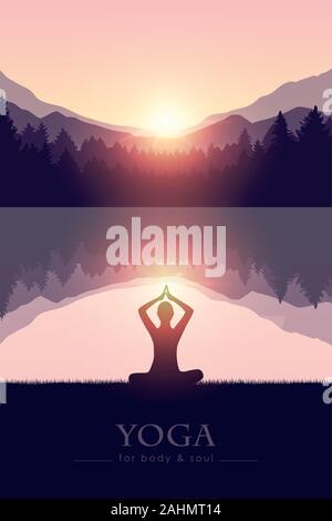 yoga for body and soul meditating person silhouette by the lake with mountain landscape vector illustration EPS10 Stock Vector