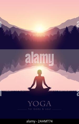 yoga for body and soul meditating person silhouette by the lake with mountain landscape vector illustration EPS10 Stock Vector