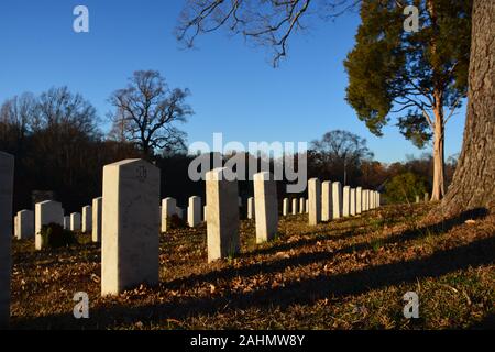 Rows of military headstones cast long shadows at sunset in the Confederate Soldier section of the Oakwood Cemetery in Raleigh, North Carolina. Stock Photo