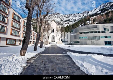 Winter Picture of Health Resort Balneario de Panticosa in Spanish Pyrenees, The church is in center, the SPA Complex is at right, and residential buil Stock Photo