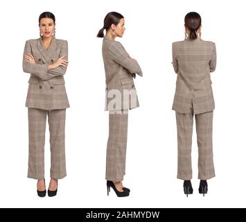 Professional businesswoman in gray chequer suit front, side, back view, isolated on white Stock Photo
