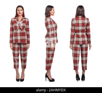 Professional businesswoman in chequer suit front, side, back view, isolated on white Stock Photo