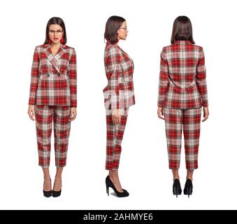 Smart professional businesswoman in red chequer suit front, side, back view, isolated on white Stock Photo