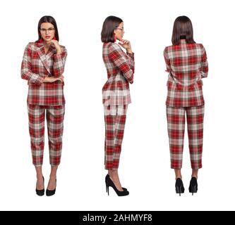 Professional businesswoman in red chequer suit front, side, back view, isolated on white Stock Photo