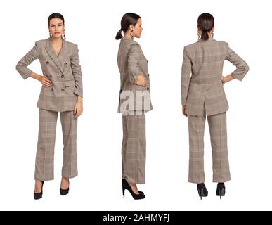 Professional businesswoman in gray chequer suit posing  front, side, back view, isolated on white Stock Photo
