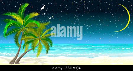 Tropical seascape. Palm trees on the sandy shore against the background of the sea and the night starry sky. Stock Vector