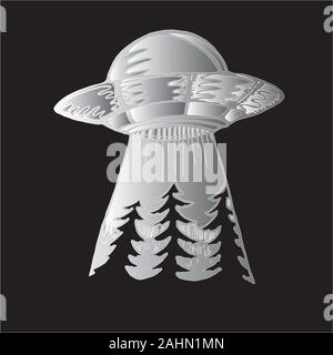 Chalk on a blackboard. Illustration of a spaceship. Alien ship and forest. Idea for tattoo. Stock Vector