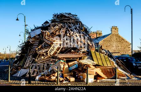 Biggar, Scotland 31st December 2019:  The huge Biggar hogmanay bonfire in the High Street, which will be lit by local resident Bobby Boyd MBE at 9.30p Stock Photo