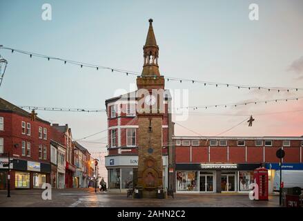 Sunrise at Ormskirk is a market town in West Lancashire, England, Clock Tower in the town centre Stock Photo