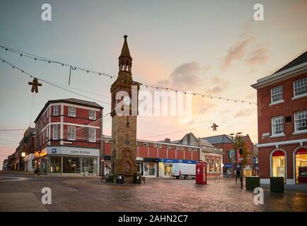 Sunrise at Ormskirk is a market town in West Lancashire, England, Clock Tower in the town centre Stock Photo