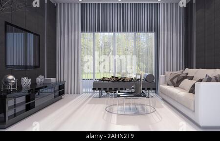 3d Rendering Nice Modern Design Luxury Living Room And Dining Room With Grey Sofa And Tv Shelf And Dining Table Stock Photo Alamy