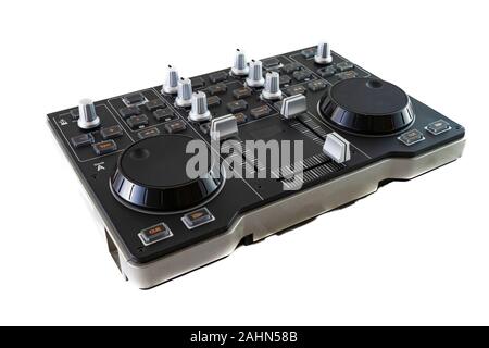 Portable DJ Control Mixer shot on a white background. Stock Photo