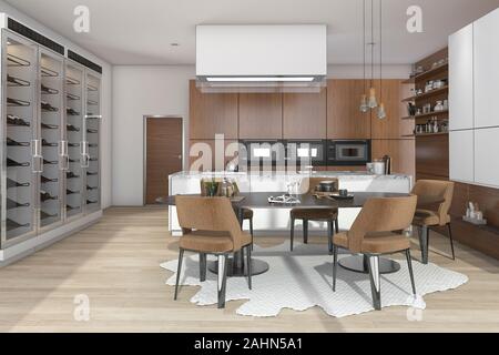 3d rendering dining set in wood kitchen and living design Stock Photo