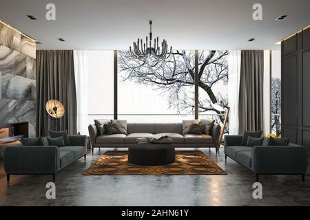 3d rendering living room with sofa near winter scene outside window Stock Photo